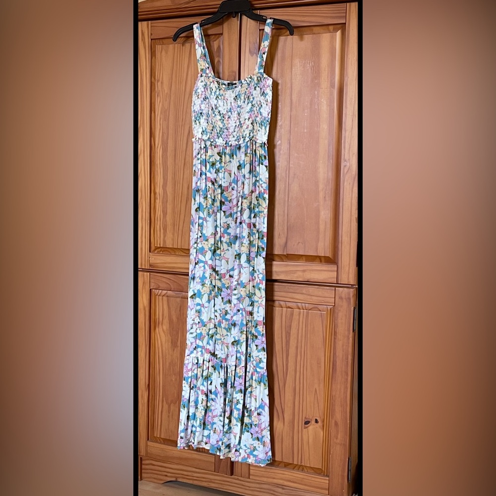 Lily Rose Pleated Floral Maxi Skirt in Pastel Blue and Green